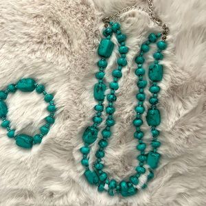 Turquoise Bead Double-Strand Necklace with Matching Bracelet - Unbranded